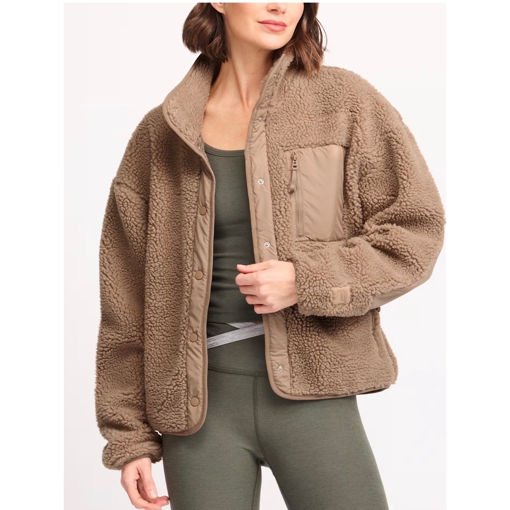 Fabletics Teddy Tahoe Jacket Women's Size XL Tan Brown Sherpa Fleece Snap Front